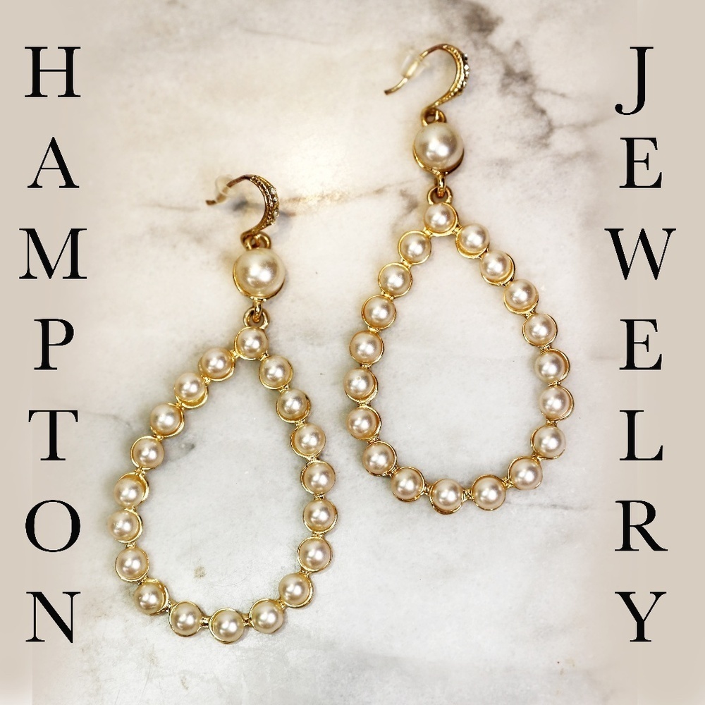 Pearl Earrings ~ Teardrop Loop Dangle Earrings w/ Crystal Encrusted French Wires - Picture 9 of 9